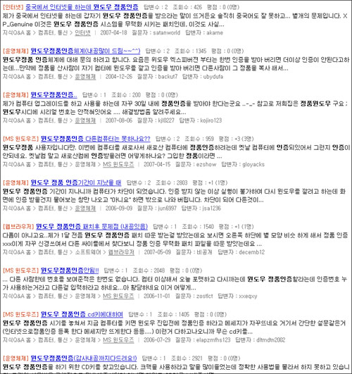 '윈도우 정품인증'을 검색하자 불법인증 방법부터 보여지는 지식검색들 